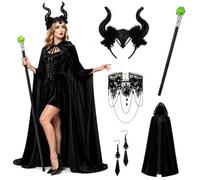 6pcs costume da diavoletta da donna,mantello con cappuccio e scettro da diavoletta,Choker in Pizzo, Guanti in Pizzo Senza Dita e Orecchini Pipistrello,per Halloween, Carnevale, Feste a Tema