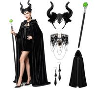 6PCS costume da diavoletta da donna,mantello con cappuccio e scettro da diavoletta,corna da diavolettai,aureola gotica,collana, guanti in pizzo,costume da diavolettai,per Halloween,carnevale