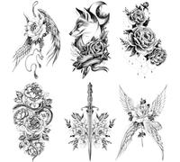 6PCS Fogli Tatuaggi Temporanei,Adesivi per tatuaggi per belle donne con ali, tatuaggi animali, adesivi per tatuaggi impermeabili, adesivi per tatuaggi braccio fiore,3D finto viso Tatoo kit set per man