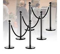 6pcs Heavy Duty Crowd Control Poles for Auto Show,Theater Queue Barriers Stanchion with 3 Black/Red Velvet Ropes, Party, Exhibition Centers(Black Rope)