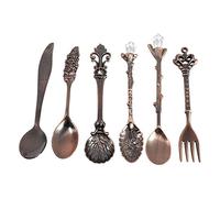 Fdit 6pcs/Set di Posate Vintage Cucchiaio da Dessert caffè Cucchiaio forchetta Frutta Royal Metal Mini Intagliato tavola Frutta Cucchiaio per Sala Bar Sweet Snacks Red Brass