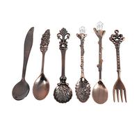6pezzi Set di Posate Cucchiaio e Forchetta, Retro Disegno Intagliato Cucchiaini da Caffè e Frutta e Forchetta, in Lega di Zinco, per Casa, Bar, Tea Shop, Caffetteria, Regalo(Ottone Antico)