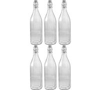6pz Bottiglia vetro trasparente 1lt costolata c-tappo ermetico integrato
