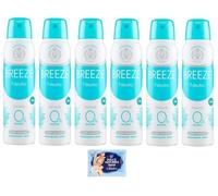 6x BREEZE Deodorante Spray Neutro Minerals,Zero Macchie sulla pelle, 0% sali di alluminio 150ml + 1 Confezione di Talco Felce Azzurra in omaggio, Busta da 100g
