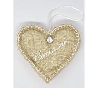 6X CUORE portaconfetti in juta iuta 13 cm scritta COMUNIONE BOMBONIERA 0V3F