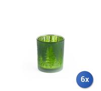 6x H&H Porta tealight in vetro decoro verde bosco cm 7x8