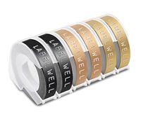 6x Labelwell 9mm x 3m Sostituzione Nastro per Etichette Compatibile per Dynmo 3D Autoadesive a Rilievo in Vinile per Dynmo Organizer Xpress Junior S0717900 Omega S0717930, Nero/Oro/Oro Champagne