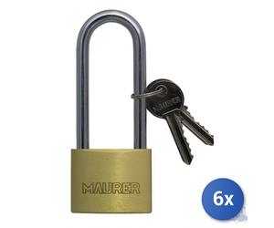 6x Maurer Lucchetto In Ottone Tipo Pesante Arco Extra Lungo 2 Chiavi Mm 50