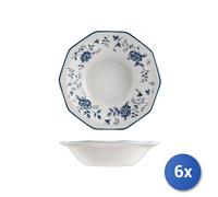 6x Piatto Fondo Da Tavola In Earthenware, Bianco E Blu, Decoro Rose, 20Cm