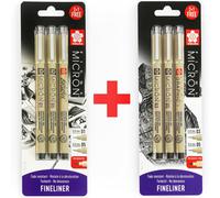 6X Sakura Pigma Micron Fineliner Penne - 0.3/0.5Mm/Graphic+0.1/0.5Mm/Brush -Nero