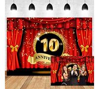 6x4ft Happy 10th Anniversary Backdrop Luxury Stage Red Curtain Glitter Golden Spots Photography Background Lover Couple Marriage Wedding Anniversary Celebration Party Vinyl Studio Props(10x6.5')