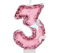 7,5 cm Candele di Compleanno Numero, Candele Numeri Torta Rosa Glitterato Cake Topper Candele di Compleanno a Farfalla con Paillettes per Forniture per Feste di Anniversario (Numero 3)