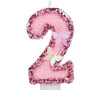 7,5 cm Candele di Compleanno Numero, Candele Numeri Torta Rosa Glitterato Cake Topper Candele di Compleanno a Farfalla con Paillettes per Forniture per Feste di Anniversario (Numero 2)