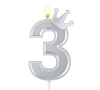 7,6cm Candela Compleanno Corona, 3D Candele Numeri Torta Candele di Compleanno Numero Candele a Forma di Numero per Compleanno Anniversario Feste (Argento, 3)