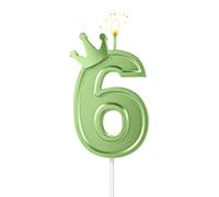 7,6cm Candele Numeri Torta, 3D Candele di Compleanno Numero con Corona Candele a Forma di Numero per Compleanno Anniversario Feste (Verde; 6)