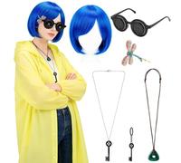7 accessori per costume di Halloween, con cappottino giallo antipioggia blu, parrucca a caschetto con bottoni, occhi, collana, portachiavi, libellula, fermagli per capelli, per donne, carnevale