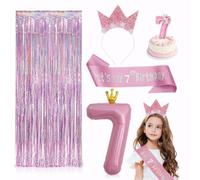 7 Anni Decorazioni Compleanno Bambina , Set Di Fascia Per Il 7° Complean, Corona di Fiori di Rosa, Palloncino In Alluminio, Rosa Tende Metalliche, Candela, Ragazza Decorazione Complean，Natale