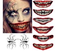 7 fogli Halloween ragno occhio tatuaggi temporanei donne uomini adulti bambini realistici clown viso sangue artificiale bocca tatuaggi temp zombie vampiro tatuaggi Halloween kit trucco kit