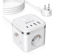 7 in 1 socket cubo con cavo 3 m, 2 USB-A e 2 USB-C, Power Strip Cube 3 scomparti con interruttore, connettore piatto con anello a scatto per casa, ufficio, travel, bianco