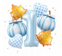 7 palloncini a forma di zucca per il primo compleanno per ragazzi autunnali | Palloncino a forma di cuore con fiocco blu a forma di cuore con foglie d'acero per autunno Ringraziamento primo compleanno
