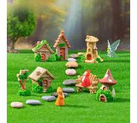 7 pezzi/20 pezzi Mini casetta sull'albero, casetta di pietra, casetta a forma di fungo, decorazioni in resina e mattoni con sedie in legno e piccole case, adatte per paesaggi da giardino, decorazione
