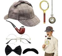 7 Pezzi Accessori Per Costume Da Detective, Accessori Per Costume Da Sherlock Holmes, Cappello Detective Accessoris con Cappello da Detectives, Detectives Cosplay, per Carnevale,Halloween