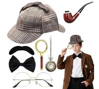7 Pezzi Accessori per Costume da Detective, Accessori per Costume da Sherlock Holmes con Cappello da Detective, Accessori Detective Vestito Detective per Carnevale, Cosplay