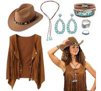 7 pezzi costume da cowboy occidentale da donna, costume da cowgirl, set di accessori con gilet in nappa, cappello da cowboy, orecchini, anelli, bracciali per carnevale, Halloween, cosplay