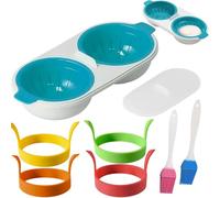 7 Pezzi Cuociuova con Doppio Contenitore Set, Cuoci Uova con Pennello per Olio, Creatore di Omelette, Tazze per Cuocere le Uova Blu, PP Cuociuova per Microonde, Forni, Cucina, Colazione