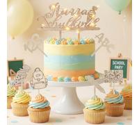 7 pezzi Decorazione per Torte per l'Inizio Della Scuola in Legno,Luce LED | Decorazione per Torta per Bambini,"Hurra Schulkind",ABC,123,Matita,Cartella,Modello di Sacchetto di Caramelle