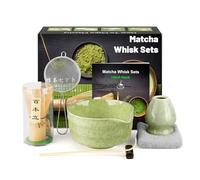 7 pezzi Kit Cerimonia Giapponese Matcha, Frullino Matcha in Bambù Naturale, Ciotola Matcha, Paletta Bambù, Colino, Strofinaccio, Portacucchiaio, Porta Frullino, Set Matcha Completo, Verde maculato