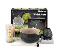 7 pezzi Kit Cerimonia Giapponese Matcha, Frullino Matcha in Bambù Naturale, Ciotola Matcha, Paletta Bambù, Colino, Strofinaccio, Portacucchiaio, Porta Frullino, Set Matcha Completo, Nero Maculato