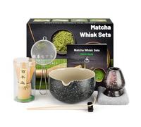7 pezzi Kit Cerimonia Giapponese Matcha, Frullino Matcha in Bambù Naturale, Ciotola Matcha, Paletta Bambù, Colino, Strofinaccio, Portacucchiaio, Porta Frullino, Set Matcha Completo, Nero maculato