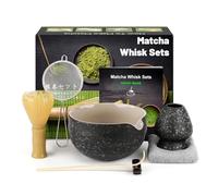 7 pezzi Kit Cerimonia Giapponese Matcha, Frullino Matcha in Resinoso Gialla, Ciotola Matcha, Paletta Bambù, Colino, Strofinaccio, Portacucchiaio, Porta Frullino, Set Matcha Completo, Nero Maculato