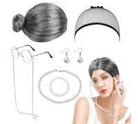 7 Pezzi Kit Parrucca da Nonnina, Parrucca Vecchia Signora, Costume Vecchia Signora Accessori con Grigio Nonna Parrucca Occhiali Collana di Perle Artificiali, per Halloween Carnevale