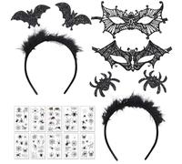 7 pezzi maschera di Halloween, cerchietto per capelli, maschera veneziana, vampiro ragno pipipistrello, cerchietto per capelli con tatuaggi temporanei, accessorio per costume di Halloween per donne