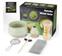 7 pezzi Matcha Kit Cerimonia Giapponese, Cucchiaio di Bamboo Pala Portafrusta, Cofanetto Matcha per la cerimonia del tè, la bevanda (Open Grey-Green, BAMBOO)
