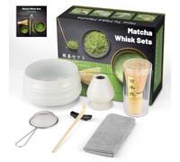 7 pezzi Matcha Kit Cerimonia Giapponese, Cucchiaio di Bamboo Pala Portafrusta, Cofanetto Matcha per la cerimonia del tè, la bevanda (Matte White, BAMBOO)