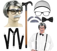 7 Pezzi Set Costume da Pensionato Parrucca Nonno con Parrucca Uomo Barba Grigia Sopracciglia Lunette Rete Capelli Nera Cravatta Bastone da Passeggio Gonfiabile Per Halloween e Carnevale