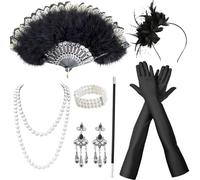 7 Pezzi Set di Accessori Anni '20 Donna,Accessori Anni 20 Donna,con Ventaglio Nero di Piume Anni 20,Cerchietto Piuma,Guanti,Collana Di Perle,Bracciale,Orecchini,Tubo lungo,per Carnevale Halloween