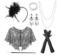 7 Pezzi Set di Accessori Anni '20 Donna, Great Gatsby Accessori Set, 1920 Costumi Charleston con Fascia da Flapper, Guanti, Collana di Perle, Orecchini per Natale Carnevale Halloween Feste a Tema