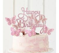 7 pezzi Set di decorazioni per torta a forma di farfalla 3D preassemblate - Ali glitterate rosa pieghevoli, decorazione "Buon Compleanno" e 6 decorazioni realistiche per cupcake, adatte per feste di r