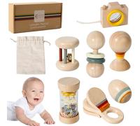7 pezzi/set giocattoli per neonati, set di sonagli per bambini in legno naturale organico con pallina di sabbia a forma di campana a forma di bastone della pioggia, con custodia per il compleanno di