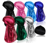7 pezzi Silky Durags con coda lunga e 1 pezzo di raso Wave Cap, Pack Do Stracci per uomo 360 Waves