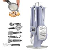 7-Piece Kitchen Gadget Set, Stainless Steel Cooking Utensils Set with Holder with Countertop Rotating Stand with Holder, Includes Peeler, Grater, Whisk, Bottle Opener, Strainer (Blue)