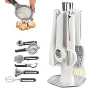 7-Piece Kitchen Gadget Set, Stainless Steel Cooking Utensils Set with Holder with Countertop Rotating Stand with Holder, Includes Peeler, Grater, Whisk, Bottle Opener, Strainer (White)