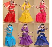7 Pz di Danza del Ventre per Bambina Costume Danzatrice Ventre Senza Maniche con Paillettes Abiti Danza Indiana Vestito da Ballo Arabo Costume Carnevale Halloween Vestito Latino Americano Bambina