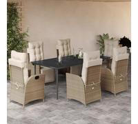 7-TLG. - Set da pranzo da giardino in polyrattan, 200 x 100 x 74 cm, sedie regolabili con cuscino bianco crema per terrazza, balcone, esterno