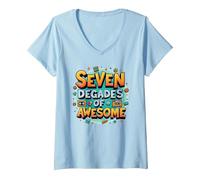 70° Compleanno Seven Decades of Awesome for Men Maglietta con Collo a V, Donna, Celeste, S