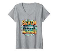 70° Compleanno Seven Decades of Awesome for Men Maglietta con Collo a V, Donna, Grigio Melange, XL